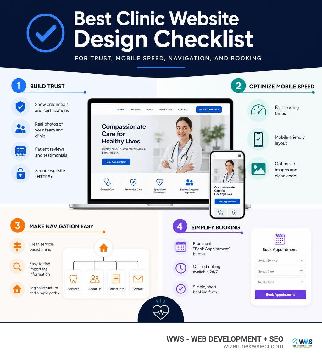 Best clinic website design checklist for trust, mobile speed, navigation, and booking infographic