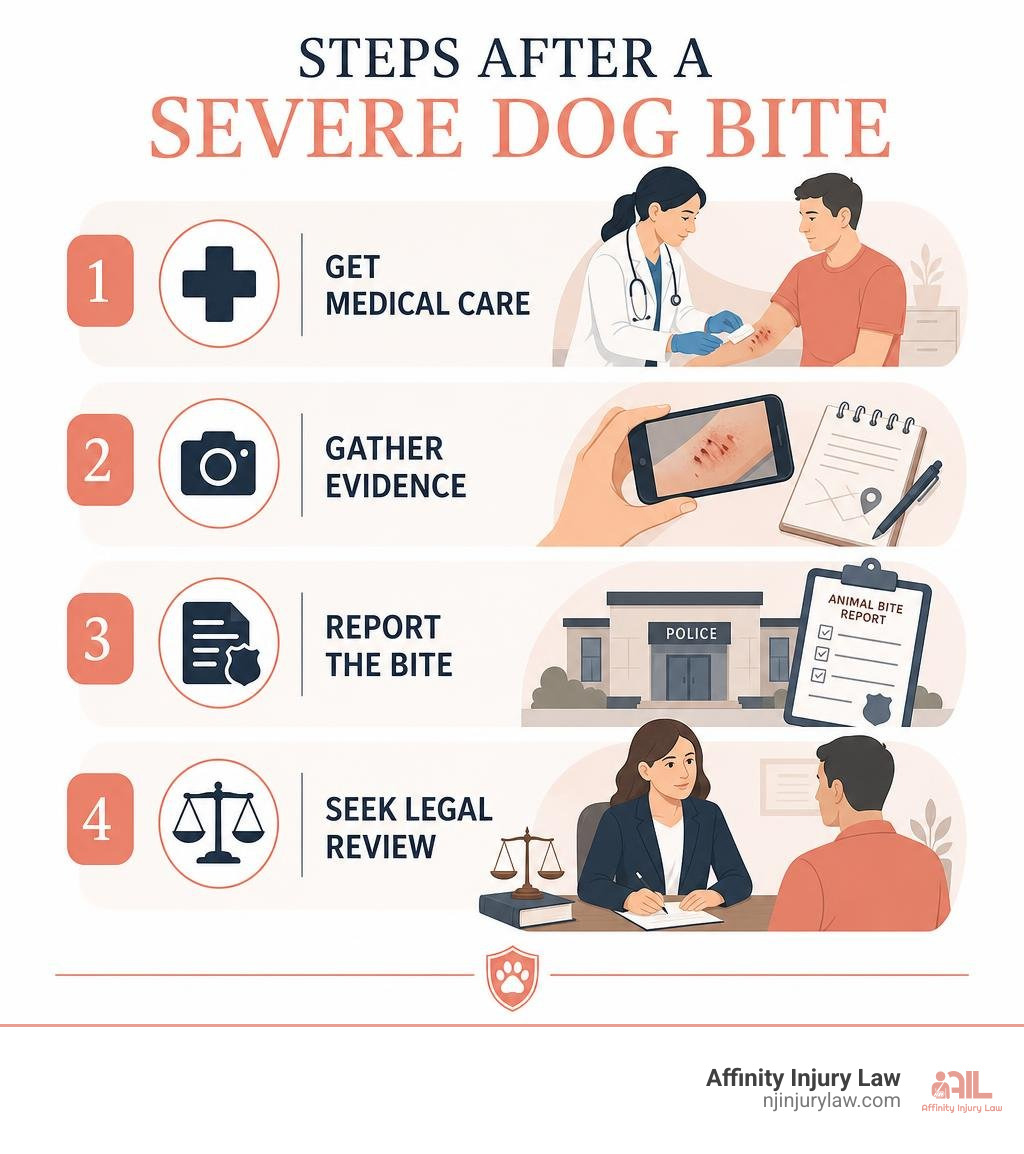 Steps after a severe dog bite: medical care, evidence, report, legal review infographic Steps after a severe dog bite: medical care, evidence, report, legal review infographic