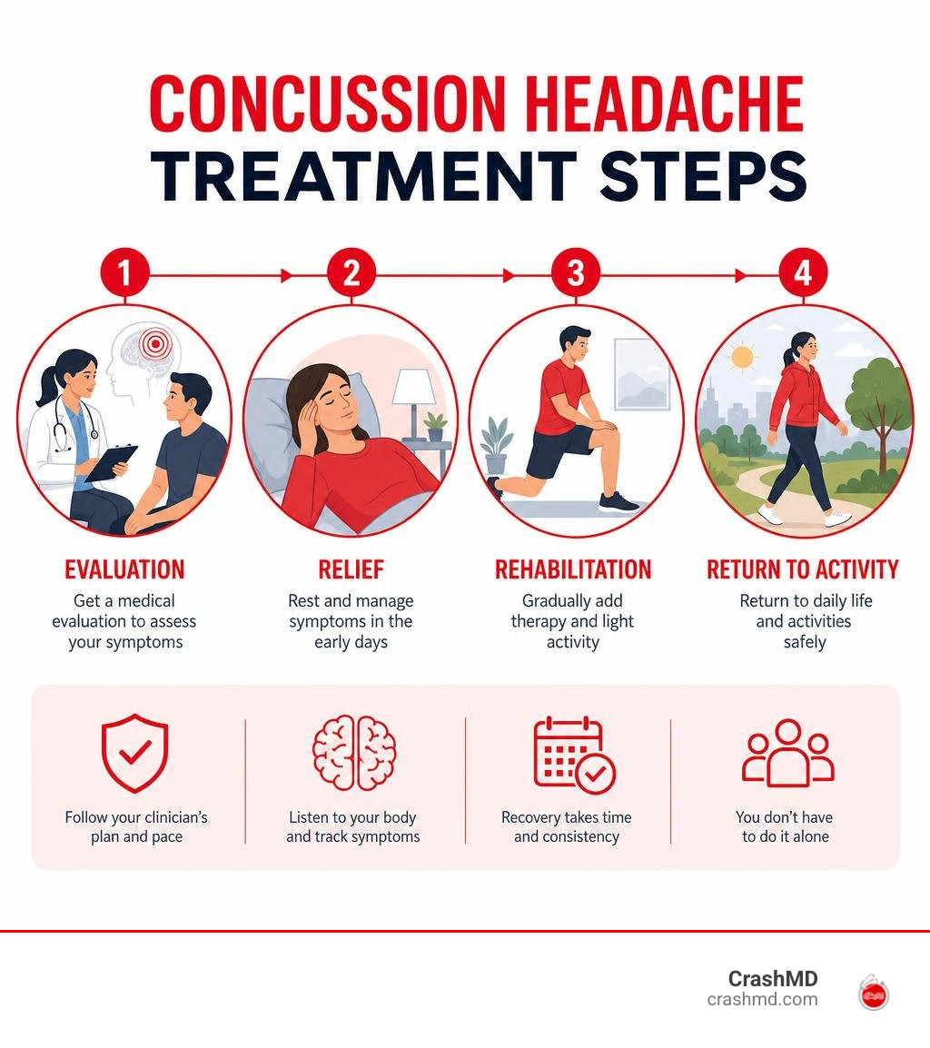 Concussion headache treatment steps: evaluation, relief, rehabilitation, and return to activity infographic Concussion headache treatment steps: evaluation, relief, rehabilitation, and return to activity infographic