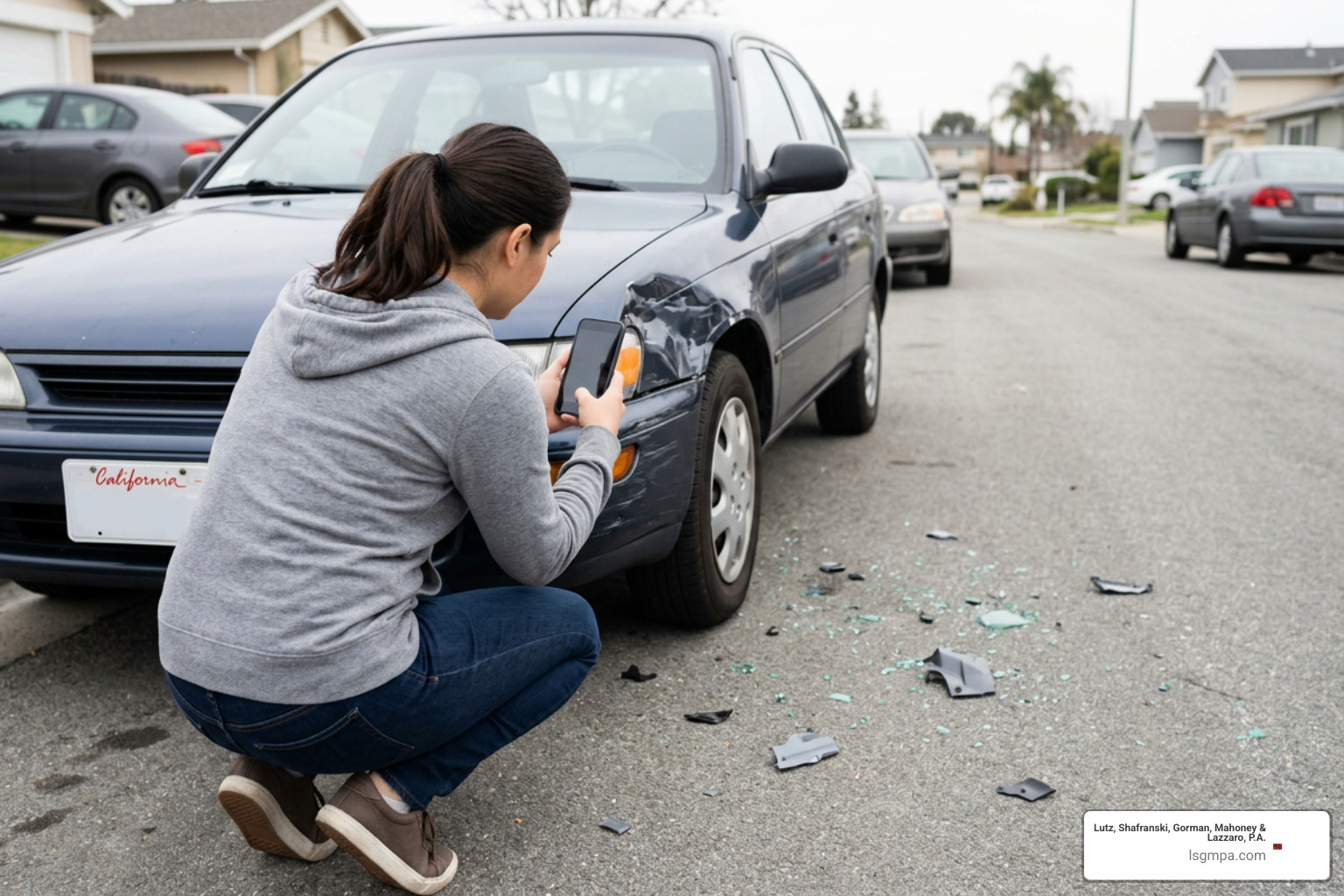 Driver gathering accident scene evidence and photographing vehicle damage