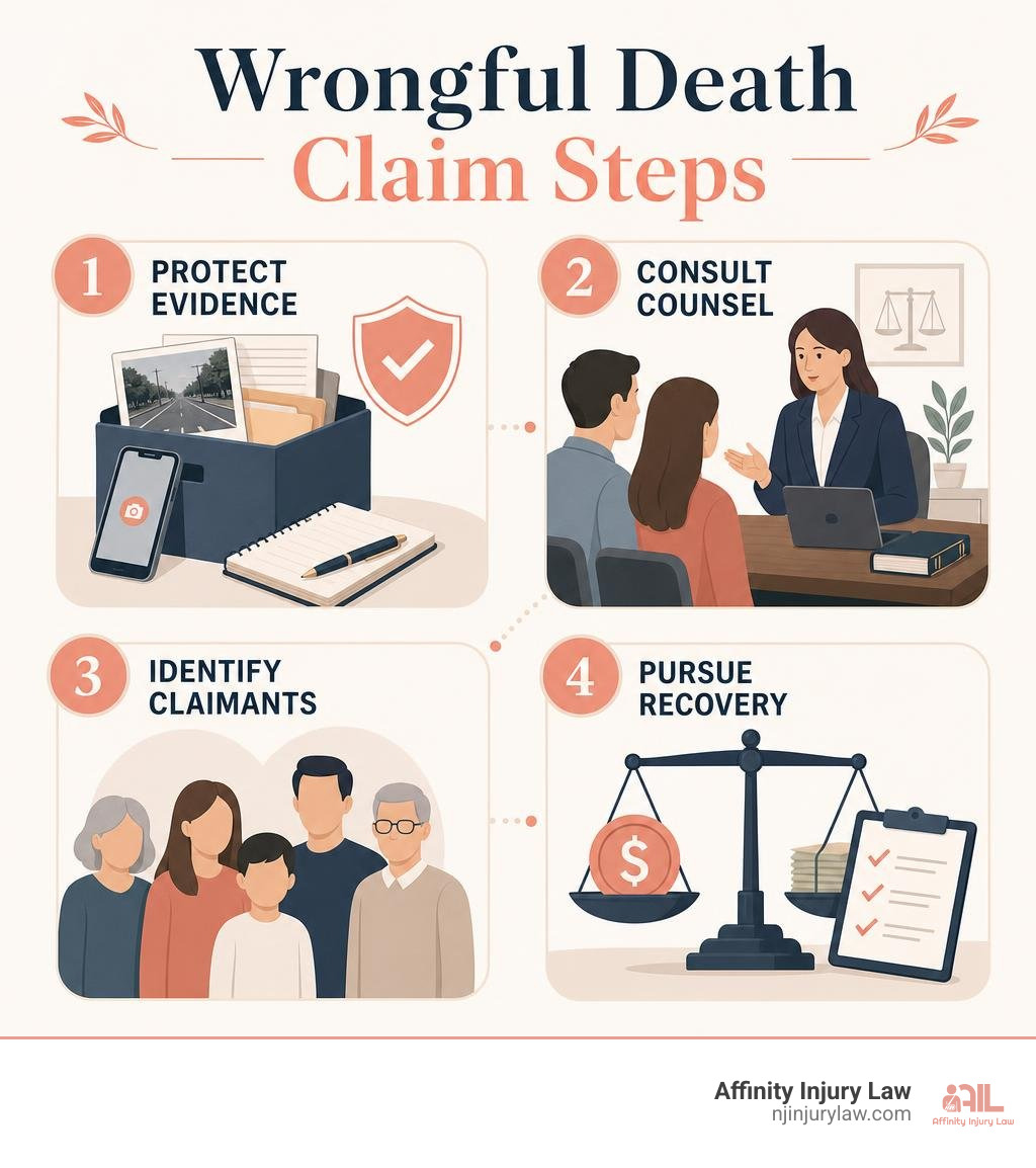 Wrongful death claim steps: protect evidence, consult counsel, identify claimants, pursue recovery infographic