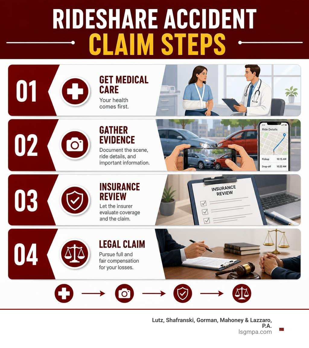 Rideshare accident claim steps: medical care, evidence, insurance review, and legal claim infographic
