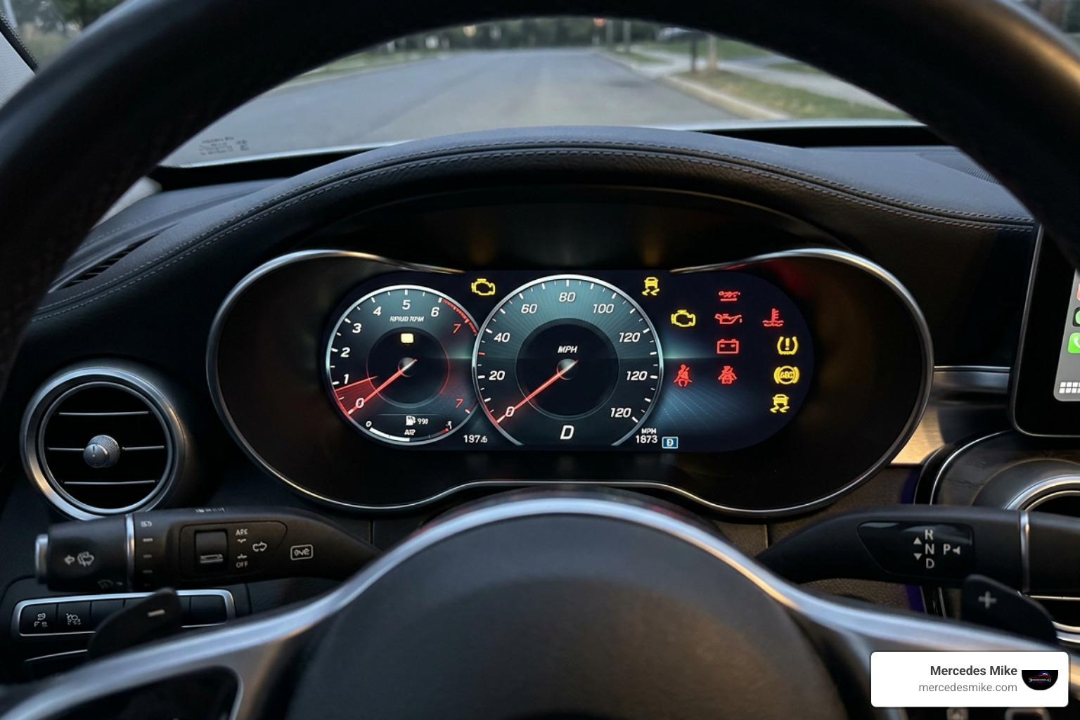 Audi digital dashboard displaying check engine and vital warning lights