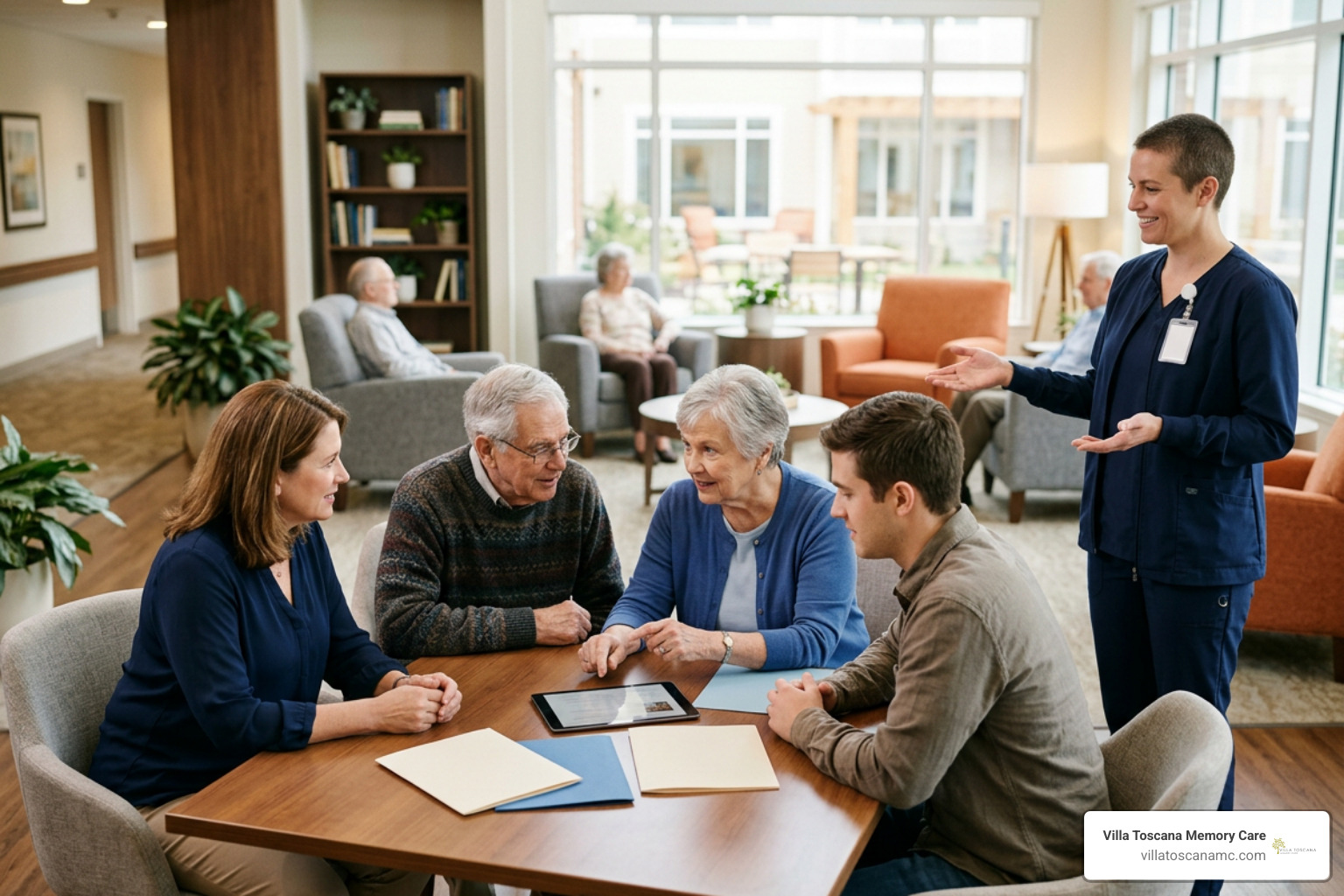 family discussing care options during a residential community tour family discussing care options during a residential community tour