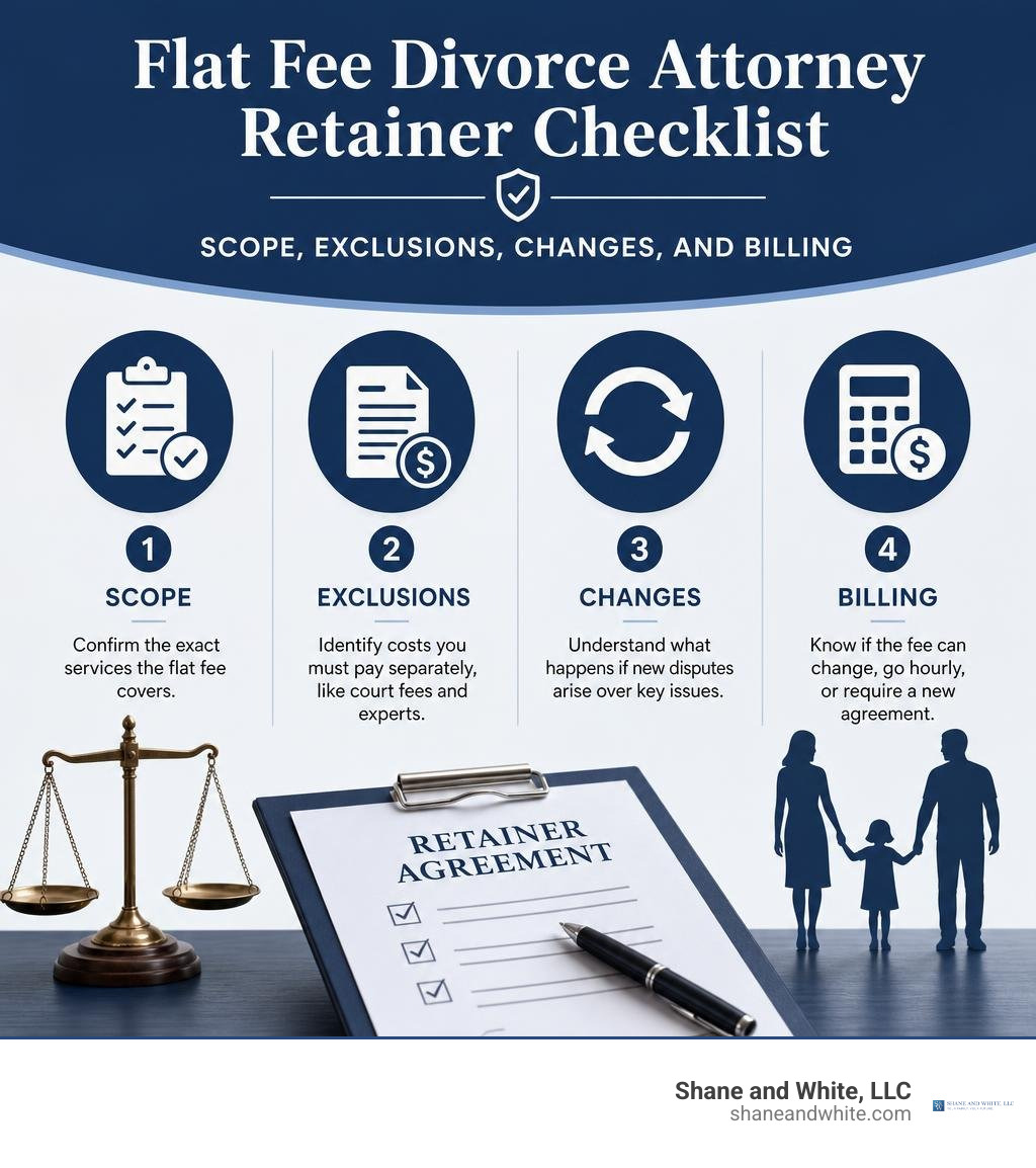 Flat fee divorce attorney retainer checklist: scope, exclusions, changes, and billing infographic Flat fee divorce attorney retainer checklist: scope, exclusions, changes, and billing infographic