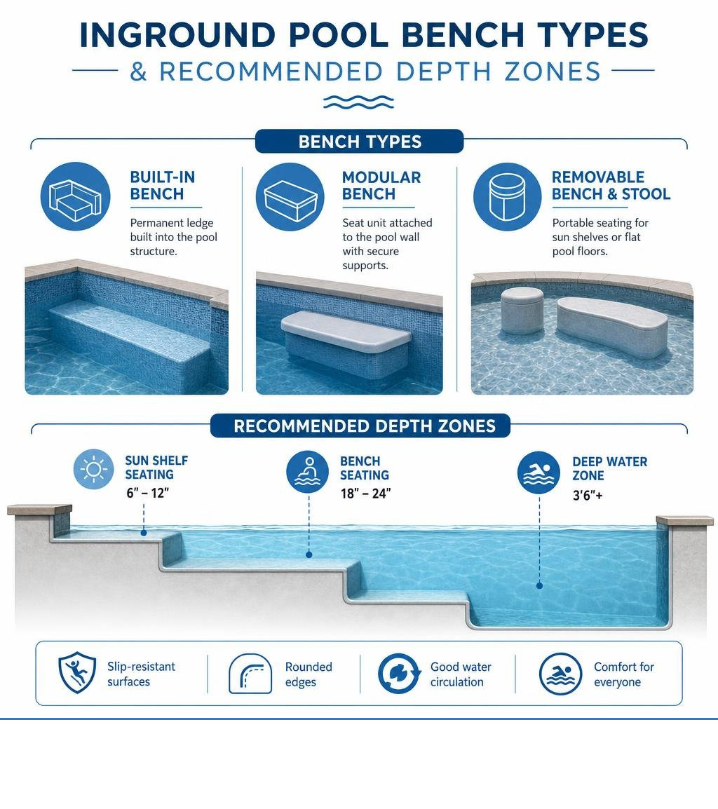 Inground pool bench types and recommended depth zones infographic Inground pool bench types and recommended depth zones infographic