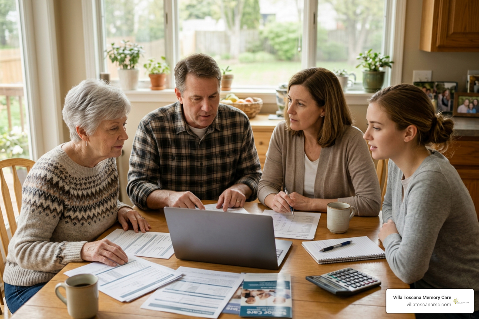 Family discussing financial options for residential senior care Family discussing financial options for residential senior care
