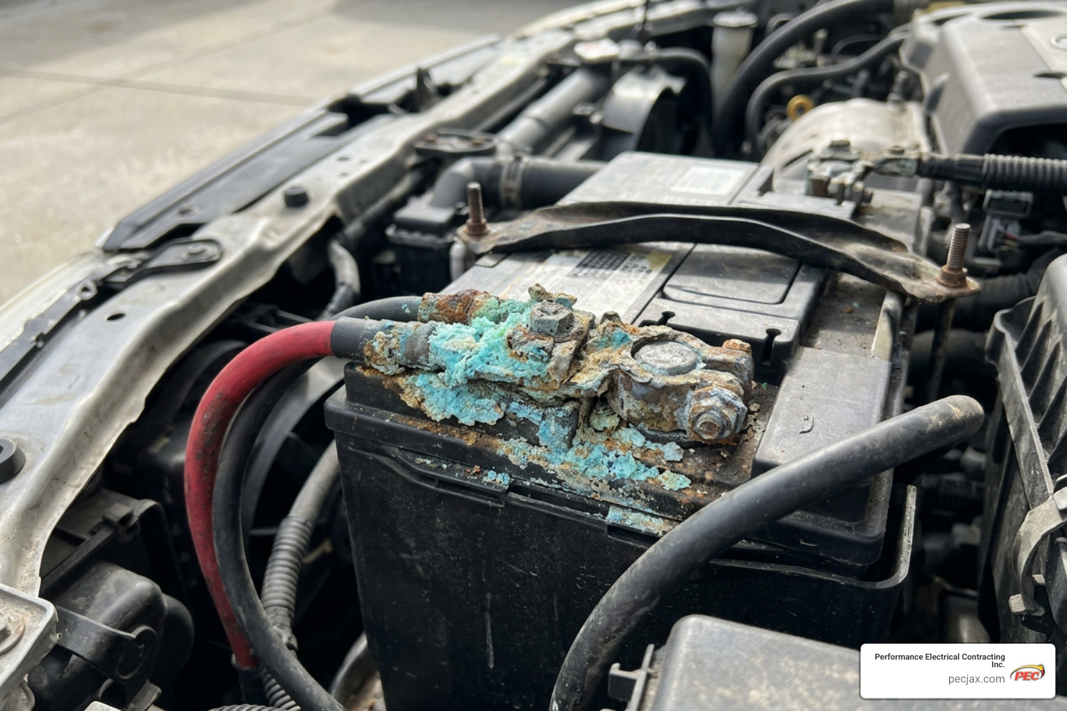 corroded battery terminal under car hood