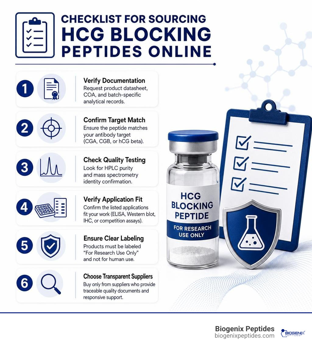 Checklist for sourcing HCG blocking peptides online infographic