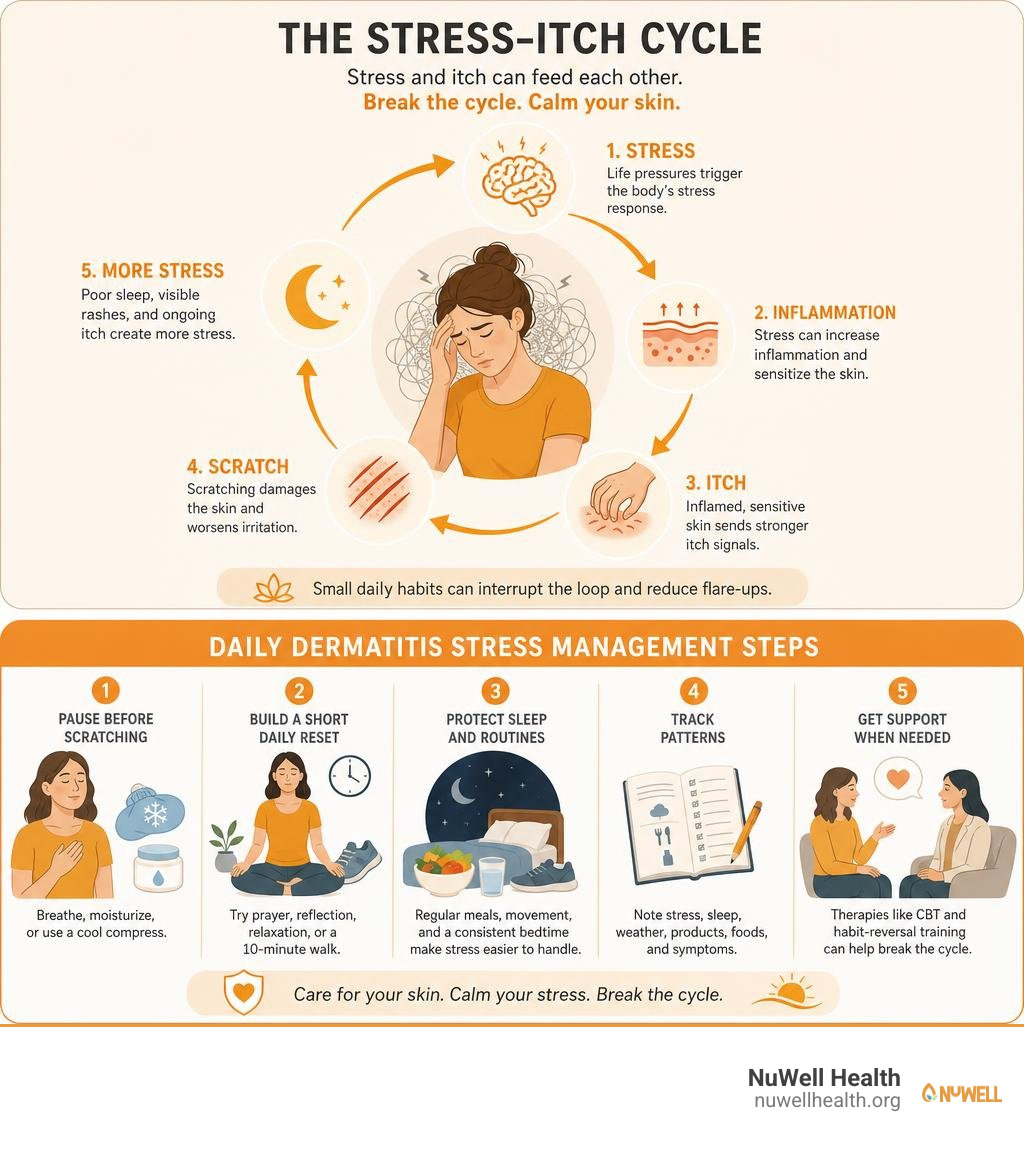 Stress itch cycle and daily dermatitis stress management steps infographic