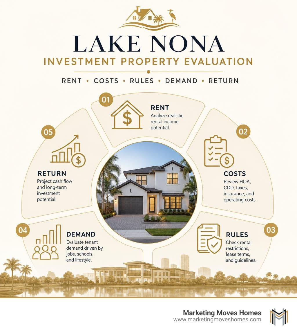 Lake Nona investment property evaluation: rent, costs, rules, demand, and return infographic