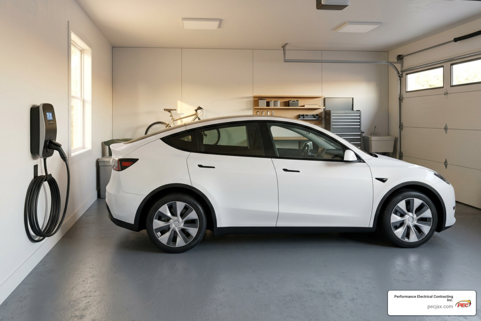 Level 2 electric vehicle charger installation in a modern garage