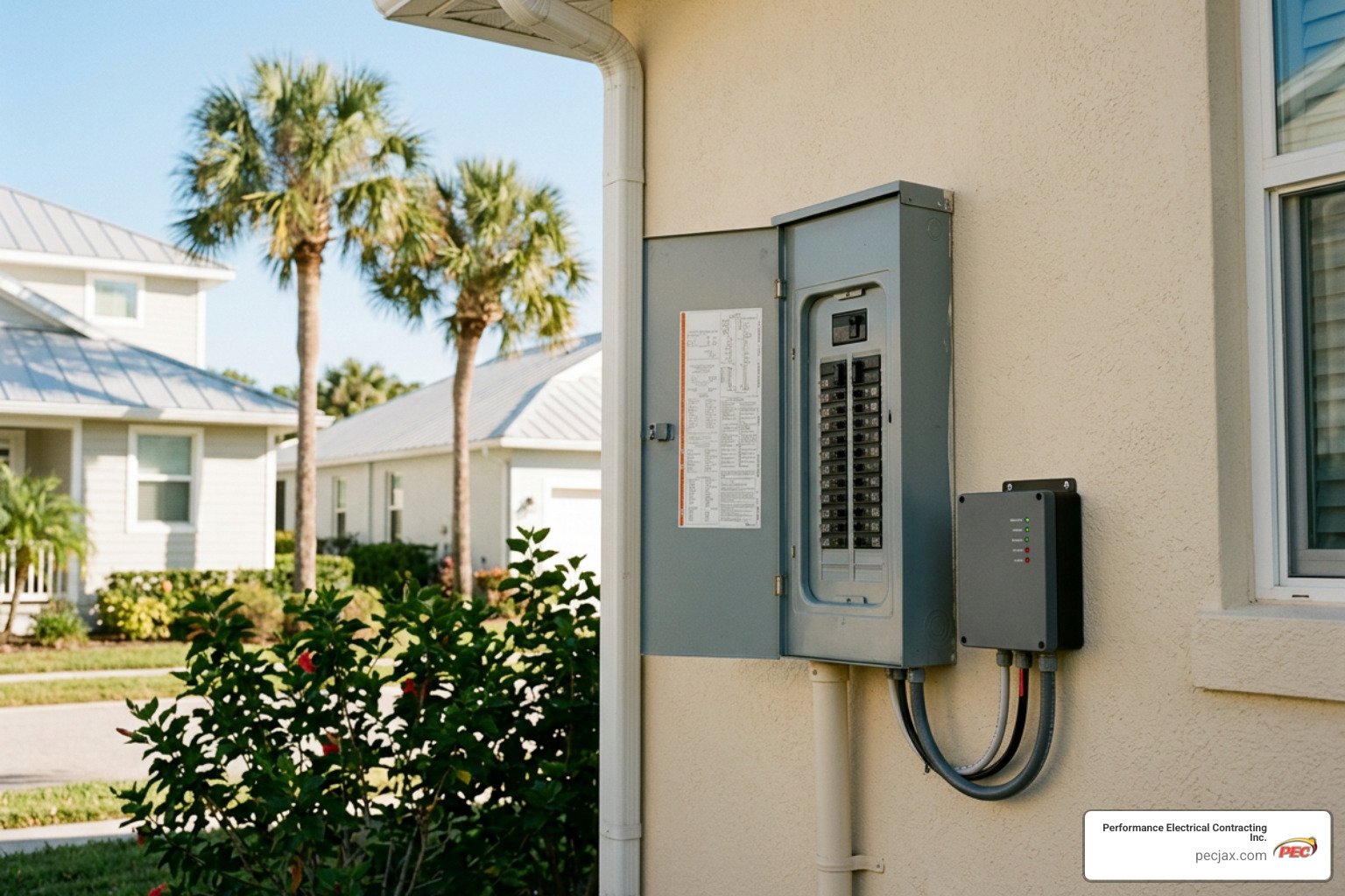 Whole-home surge protector installed on an outdoor electrical service panel