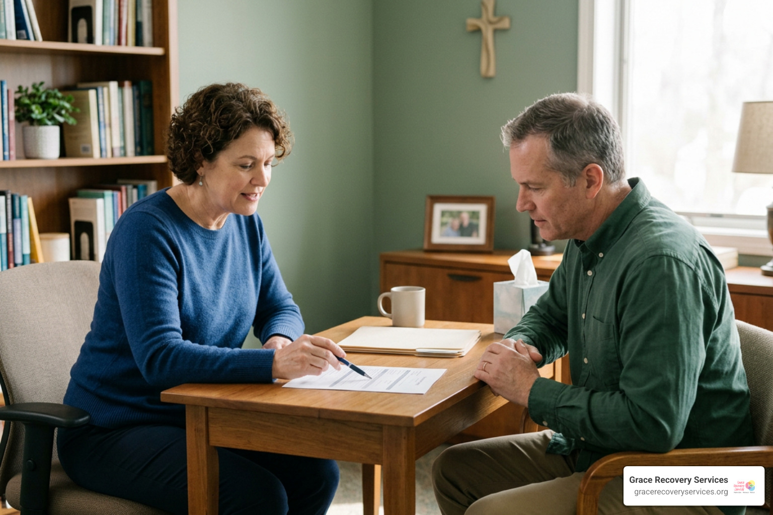 Licensed outpatient counselor reviewing an individualized recovery care plan Licensed outpatient counselor reviewing an individualized recovery care plan
