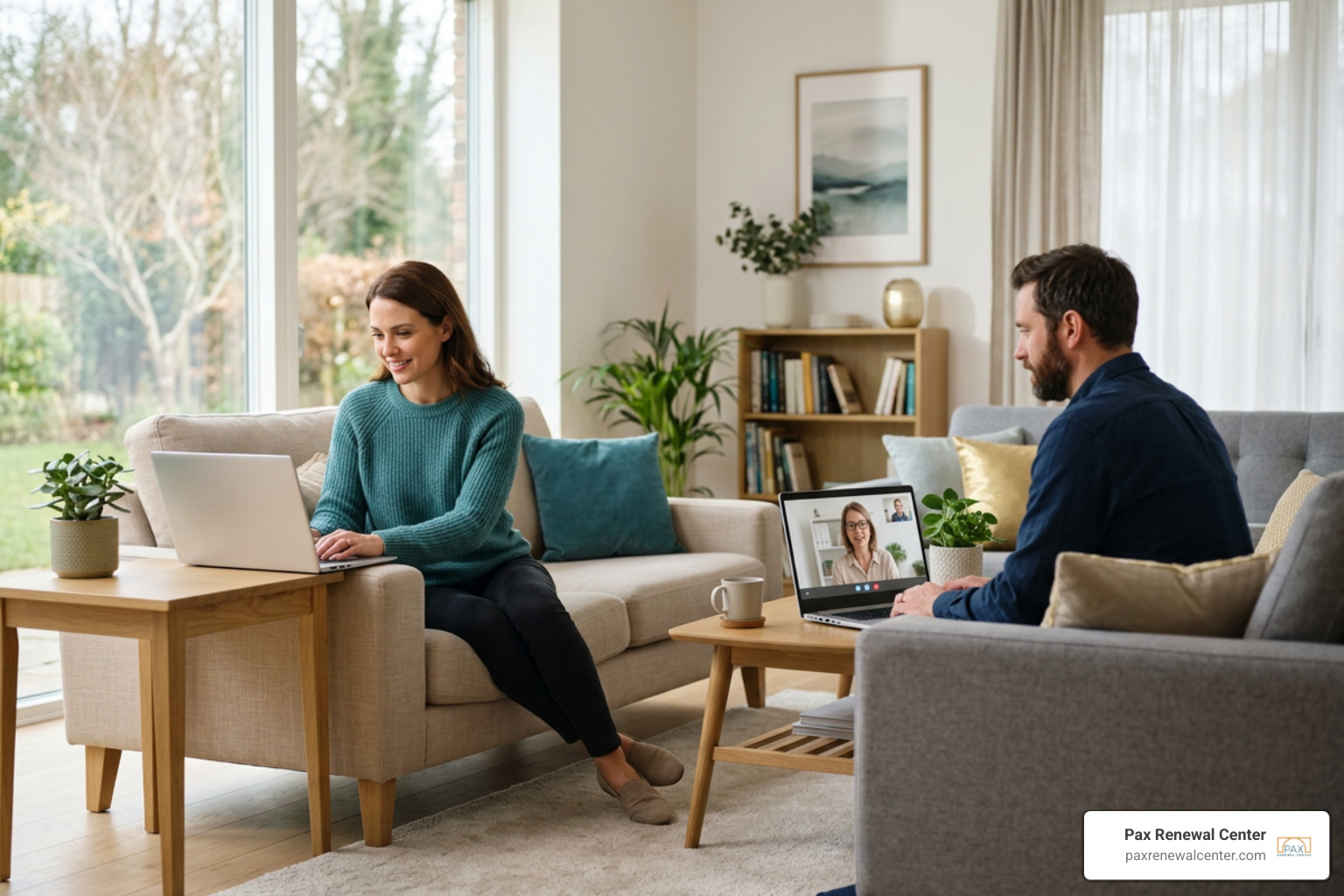 partners connecting on separate screens with their online couples therapist
