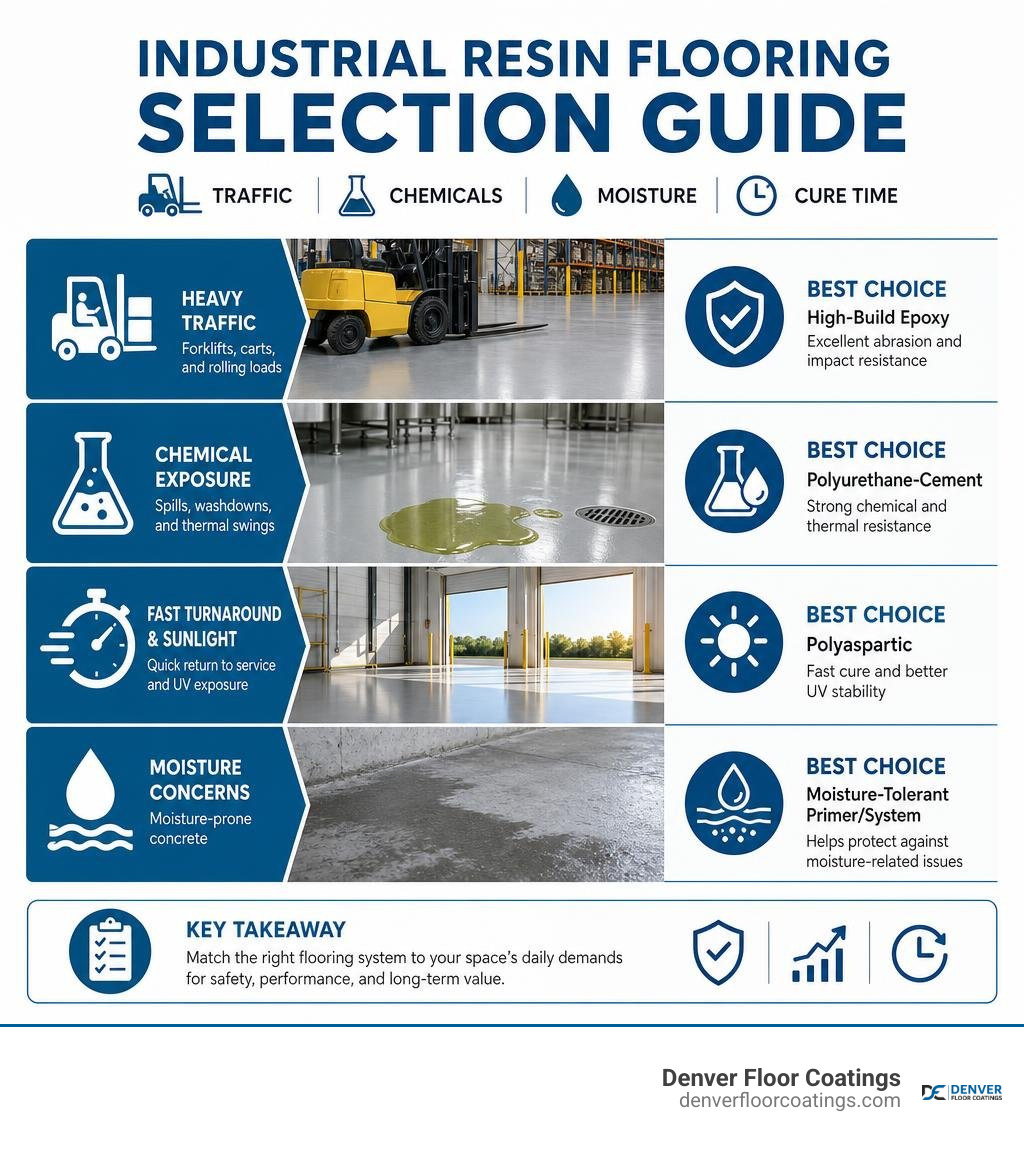 Industrial resin flooring selection guide for traffic chemicals moisture and cure time infographic