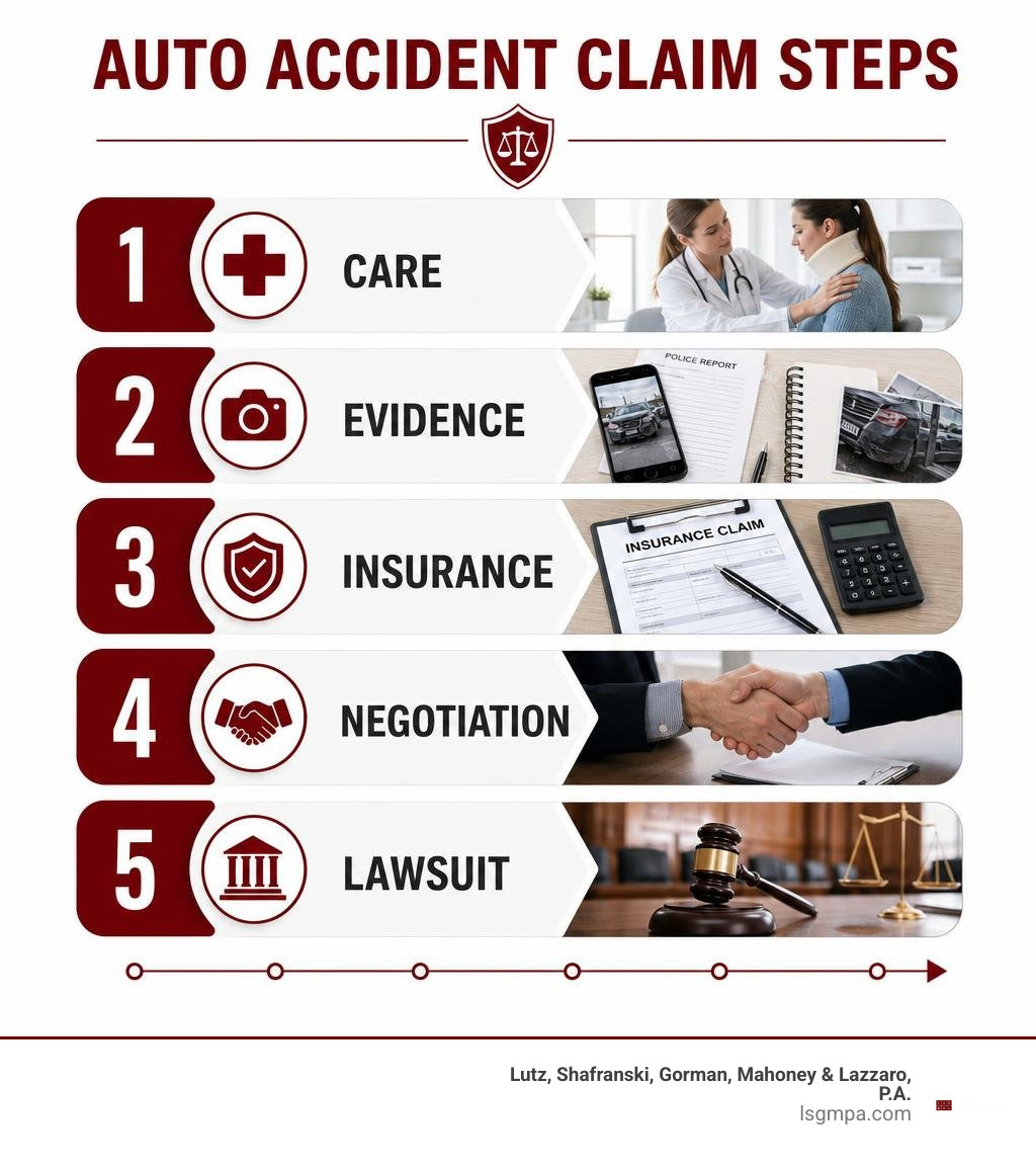 Auto accident claim steps: care, evidence, insurance, negotiation, lawsuit infographic