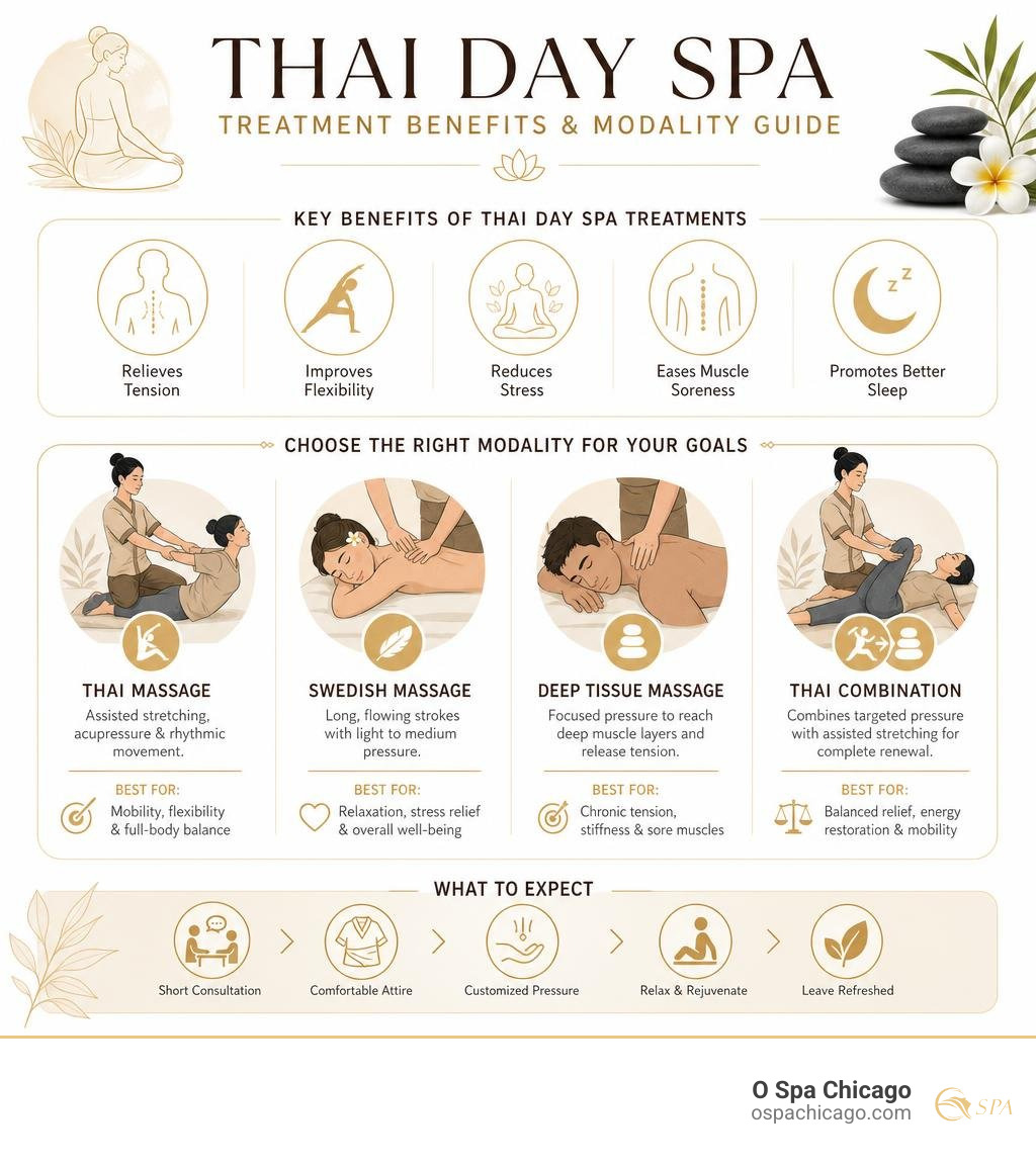 Thai day spa treatment benefits and modality guide infographic