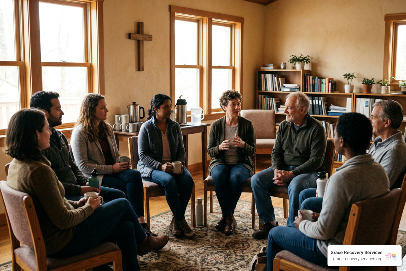 supportive recovery group gathering in a community room supportive recovery group gathering in a community room