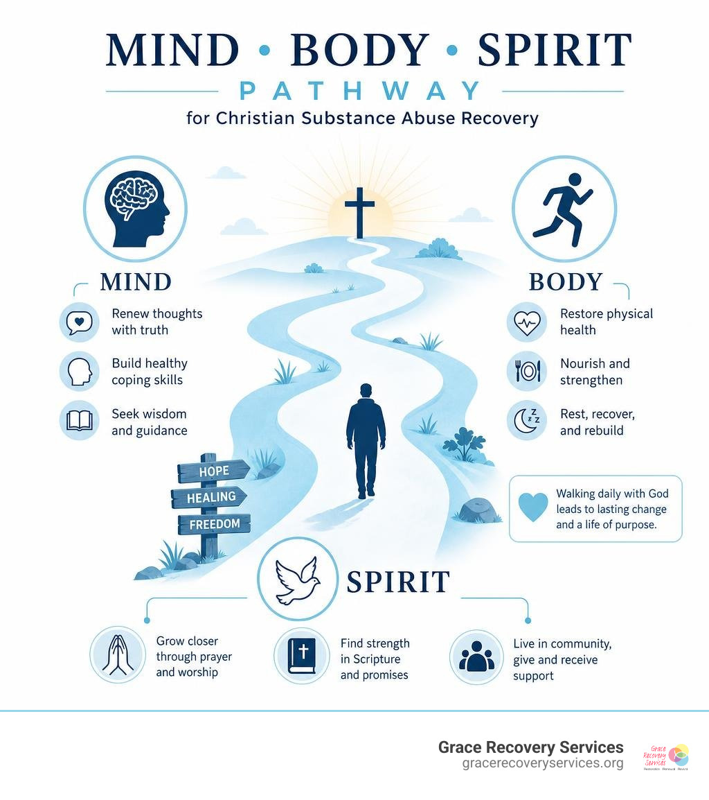 Mind body spirit pathway for Christian substance abuse recovery infographic Mind body spirit pathway for Christian substance abuse recovery infographic