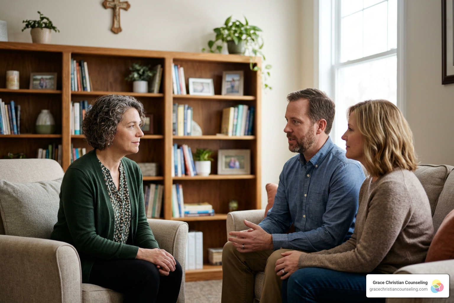 Licensed therapist facilitating couple dialogue