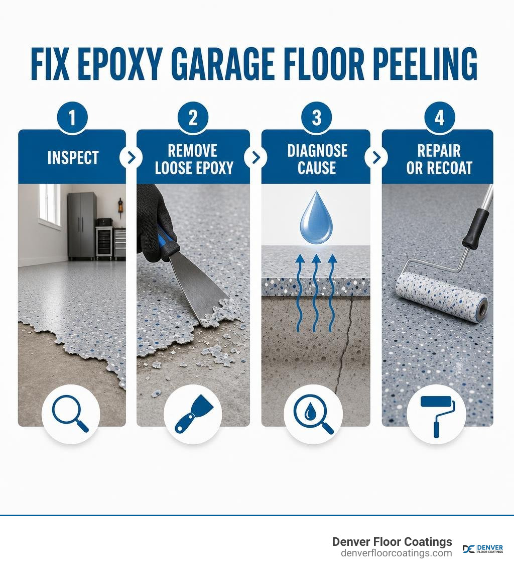 Infographic showing inspect, remove loose epoxy, diagnose cause, repair or recoat infographic