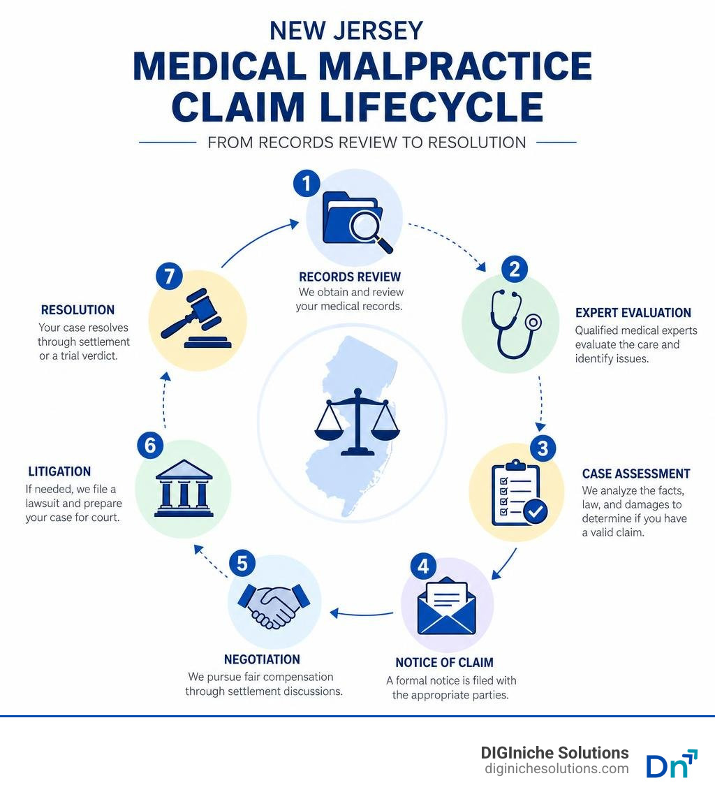New Jersey medical malpractice claim lifecycle from records review to resolution infographic