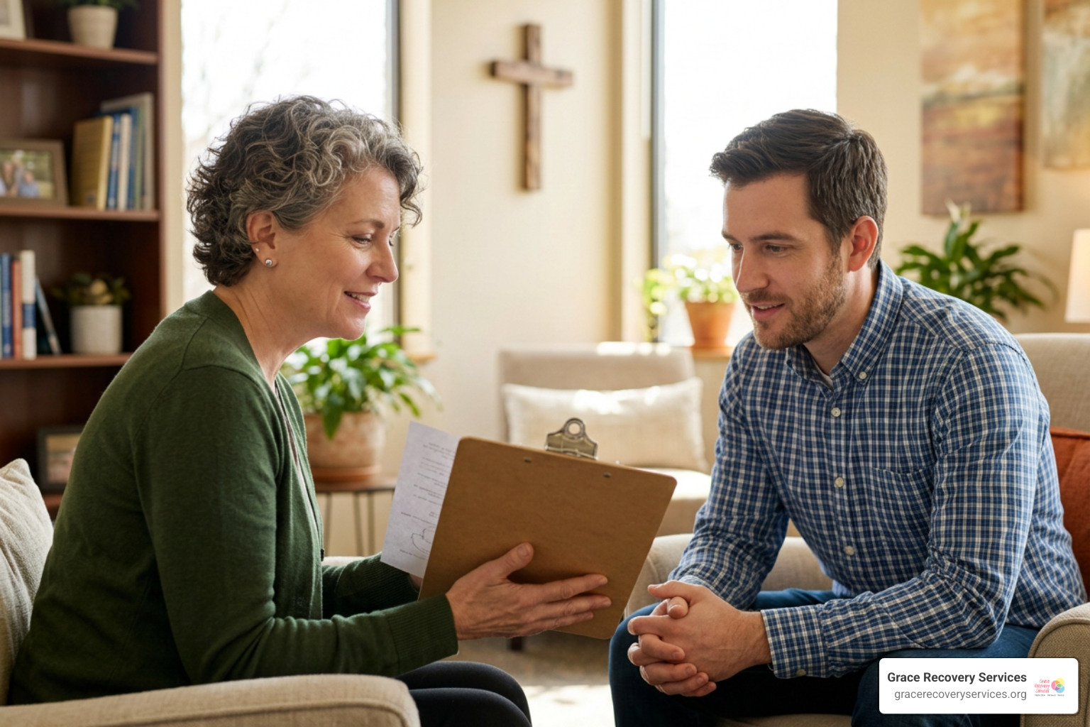 Therapist and client reviewing a personalized faith-integrated recovery plan Therapist and client reviewing a personalized faith-integrated recovery plan