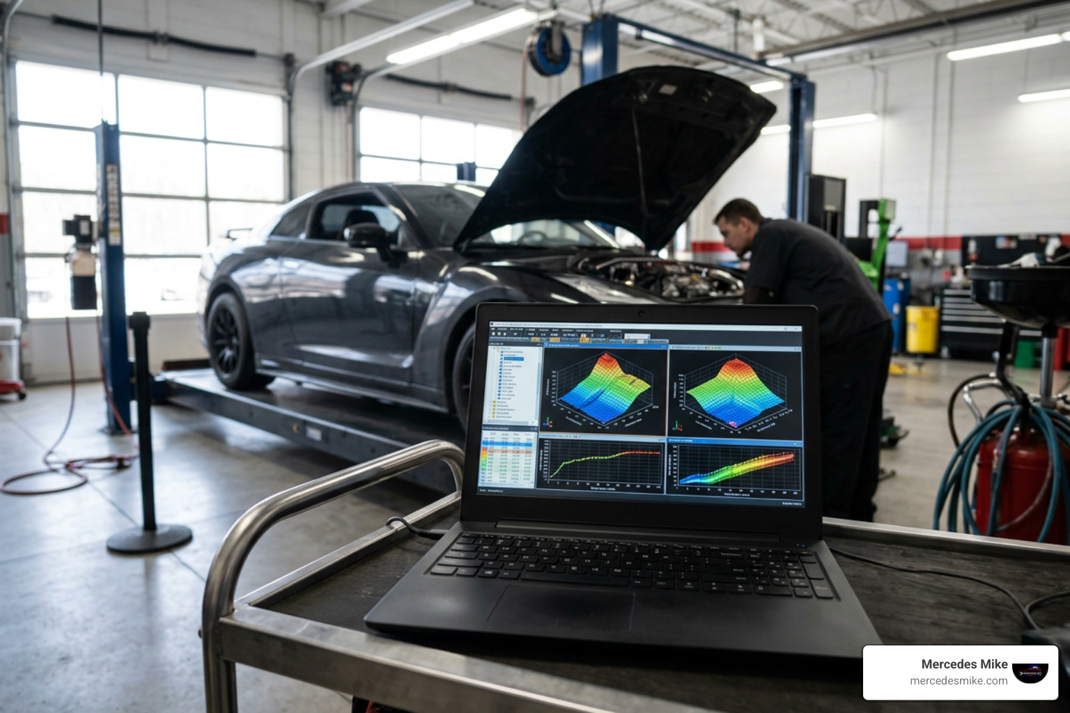 Professional ECU calibration software displaying 3D fuel and ignition maps