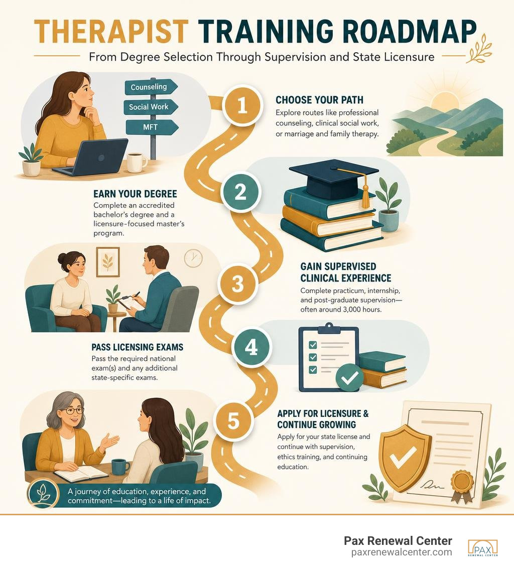 Therapist training roadmap from degree selection through supervision and state licensure infographic
