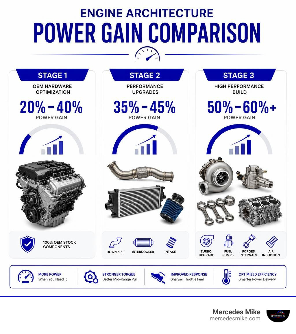 Engine architecture power gain comparison infographic