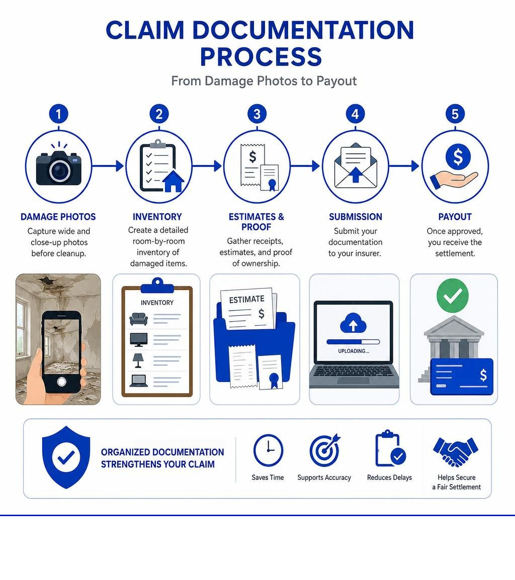 Claim documentation process from damage photos to inventory, estimates, submission, and payout infographic Claim documentation process from damage photos to inventory, estimates, submission, and payout infographic