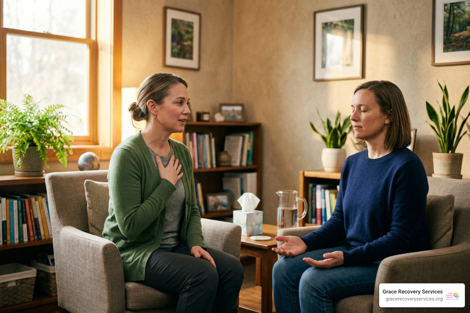 counselor practicing gentle grounding and emotional stabilization techniques with client counselor practicing gentle grounding and emotional stabilization techniques with client