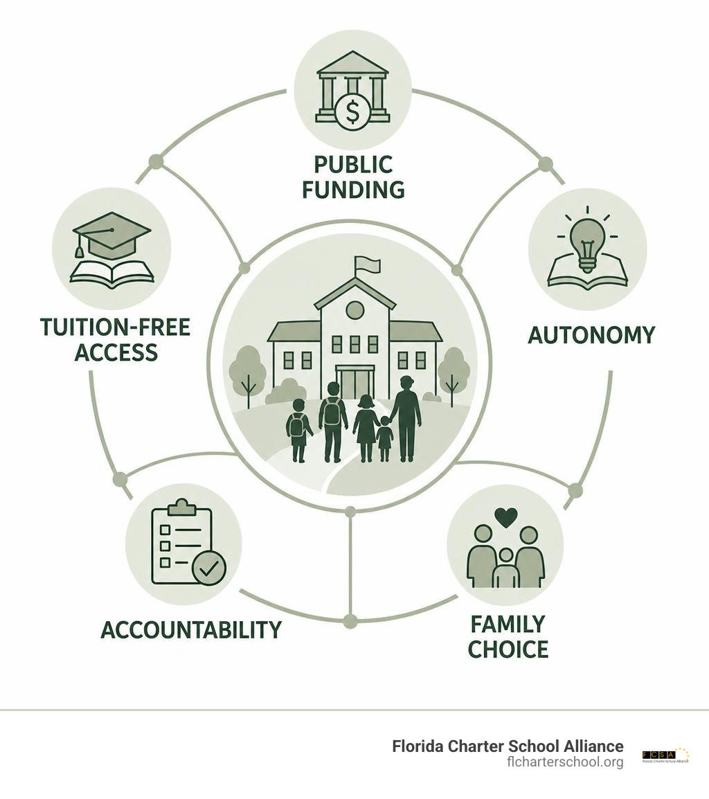 Infographic showing public funding, tuition-free access, autonomy, accountability, and family choice infographic