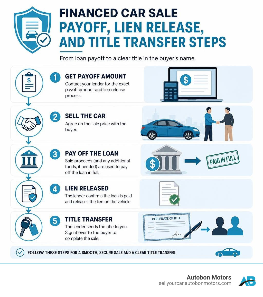 Financed car sale payoff, lien release, and title transfer steps infographic