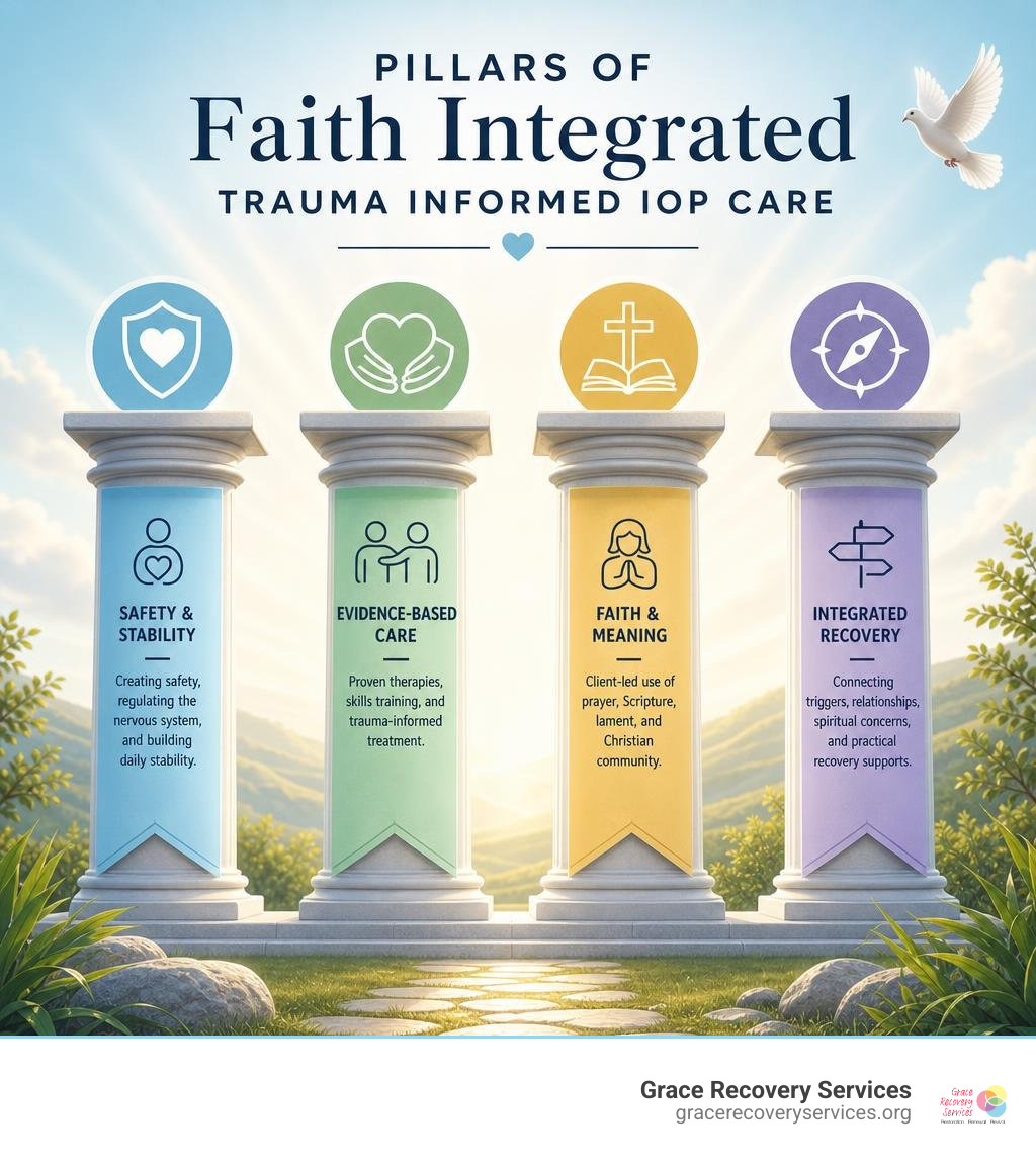 Pillars of faith integrated trauma informed IOP care infographic Pillars of faith integrated trauma informed IOP care infographic