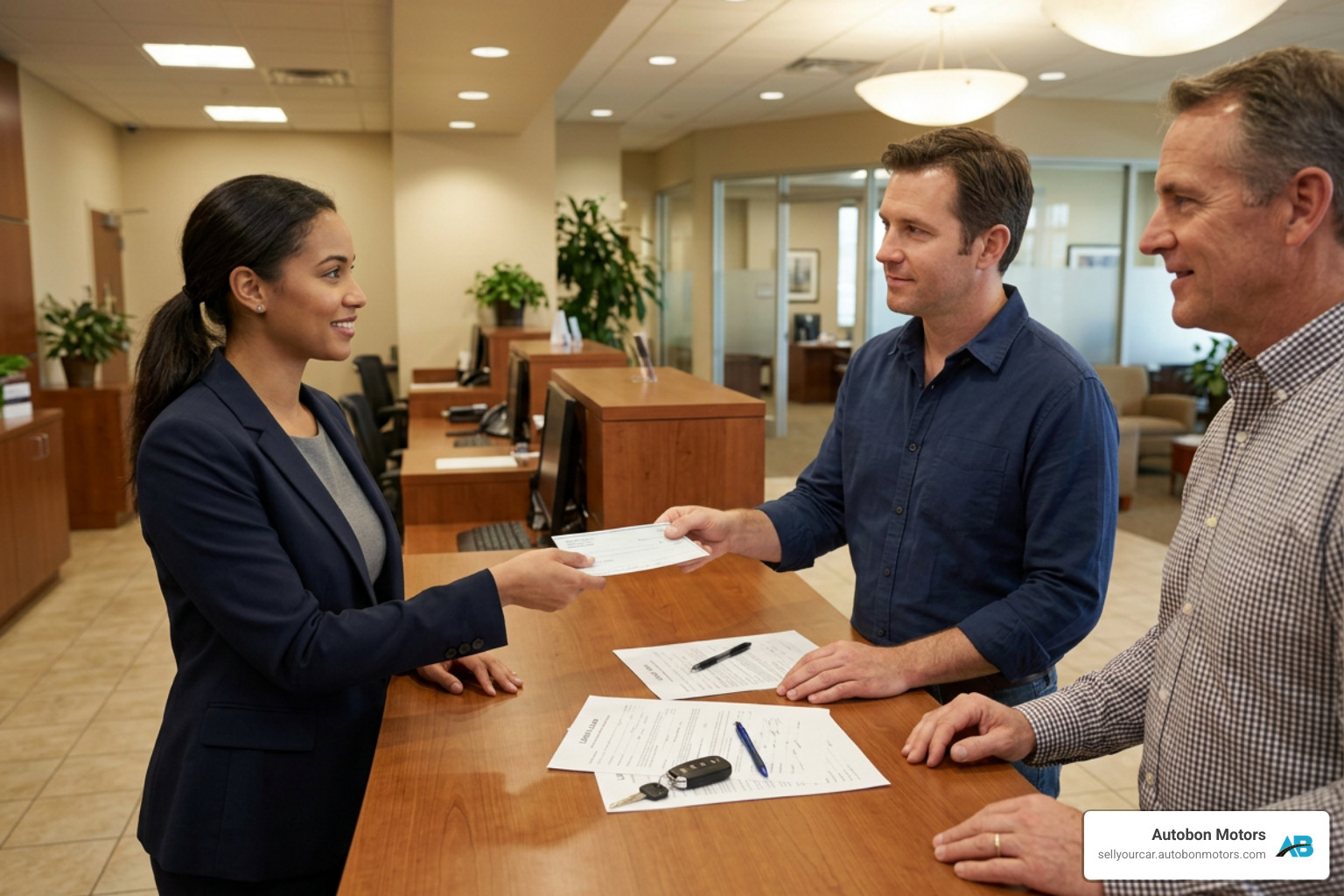 Seller and buyer completing loan payoff at a bank branch