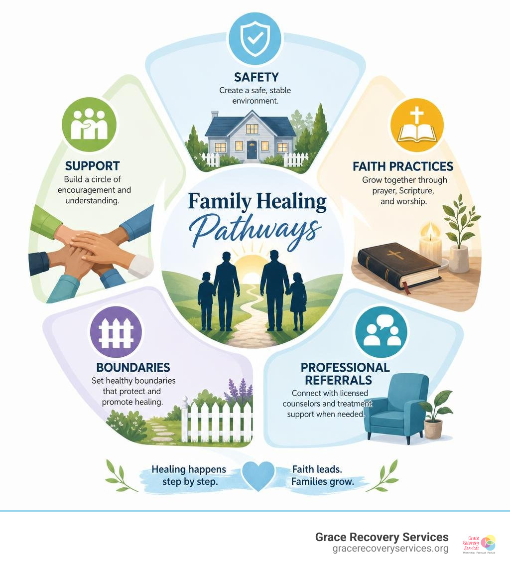 Family healing pathways: safety, support, faith practices, boundaries, and professional referrals infographic Family healing pathways: safety, support, faith practices, boundaries, and professional referrals infographic