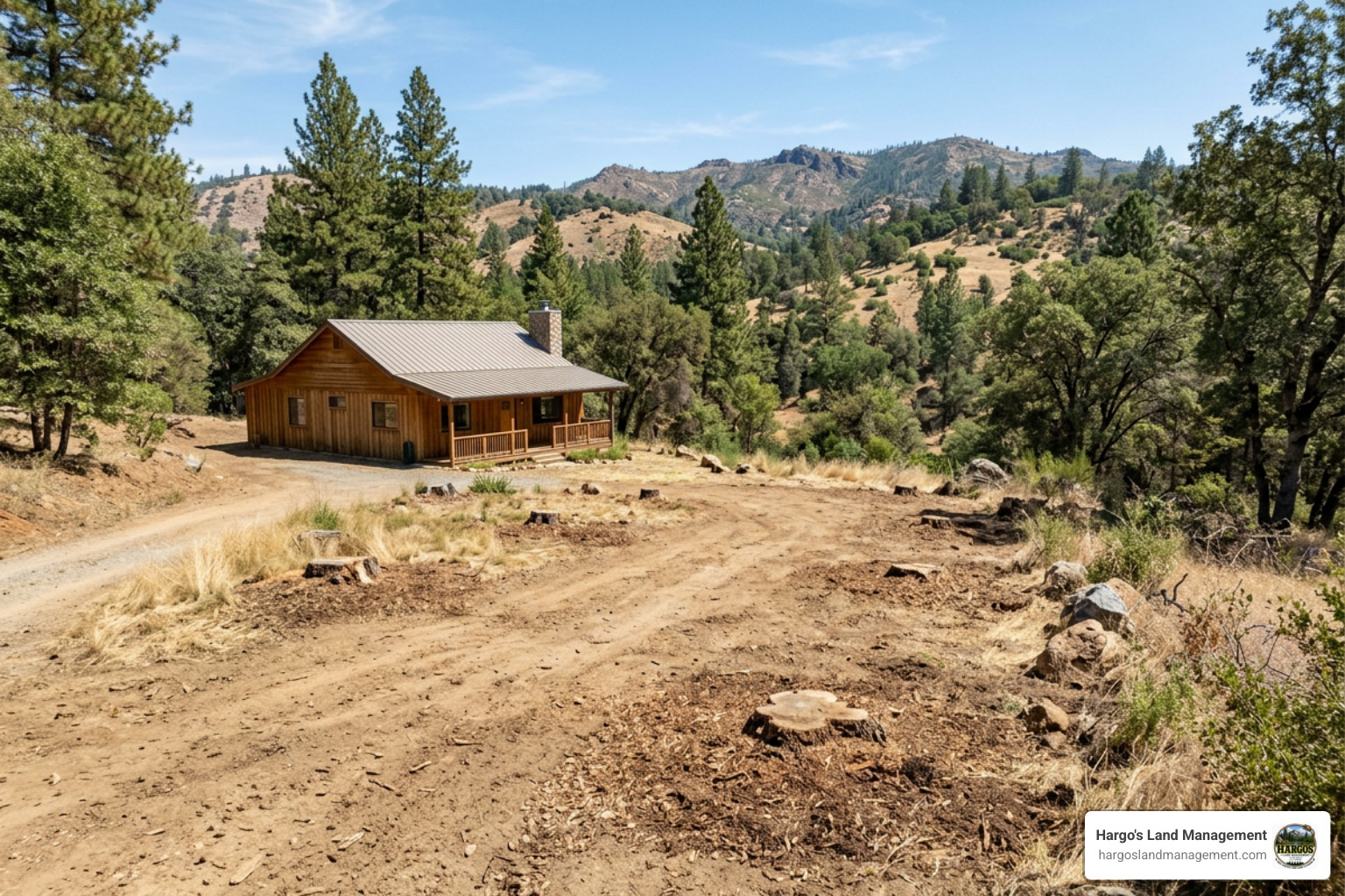 cleared defensible space around a foothills residence with ground stumps