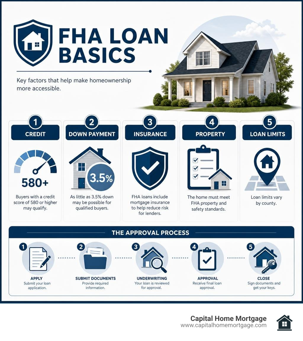 FHA loan basics: credit, down payment, insurance, property, and approval steps infographic