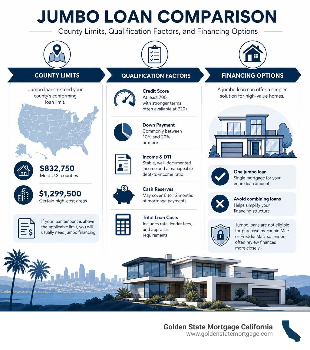 Jumbo loan comparison: county limits, qualification factors, and financing options infographic Jumbo loan comparison: county limits, qualification factors, and financing options infographic