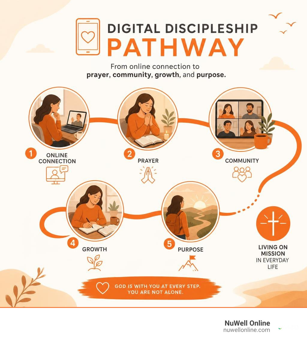 Digital discipleship pathway from online connection to prayer, community, growth, and purpose infographic Digital discipleship pathway from online connection to prayer, community, growth, and purpose infographic