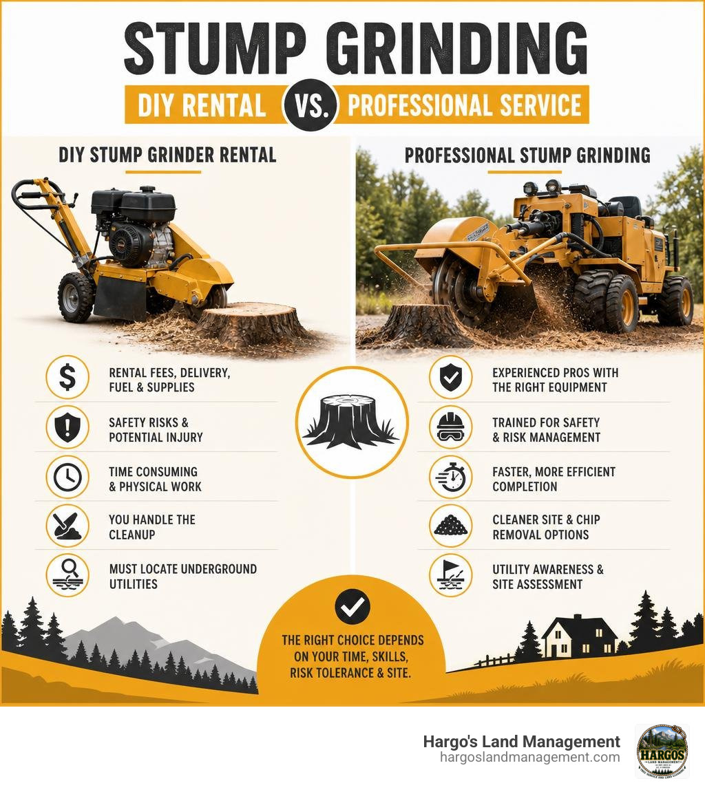 DIY stump grinder rental versus professional stump grinding comparison infographic