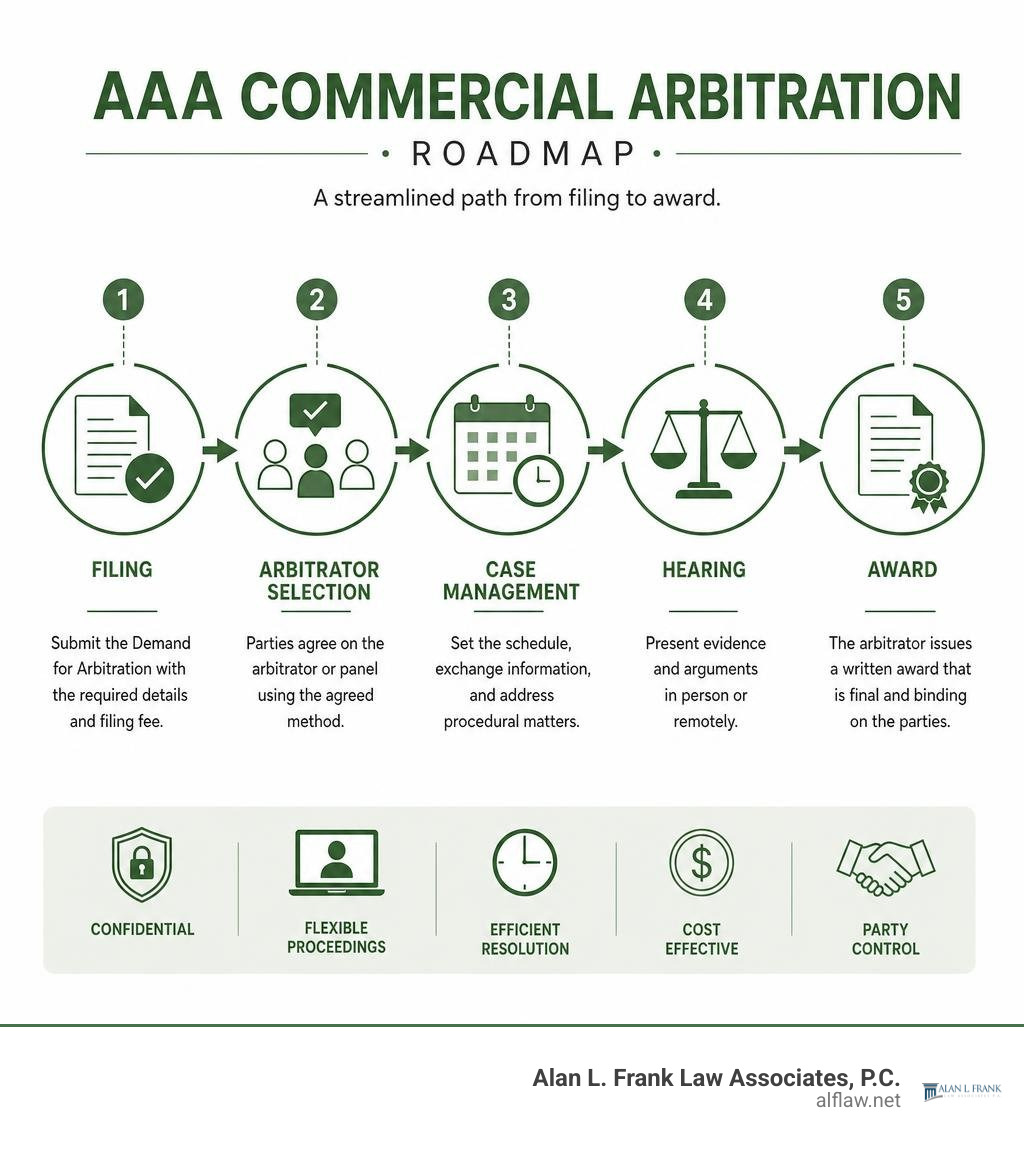 AAA commercial arbitration roadmap: filing, arbitrator selection, case management, hearing, award infographic
