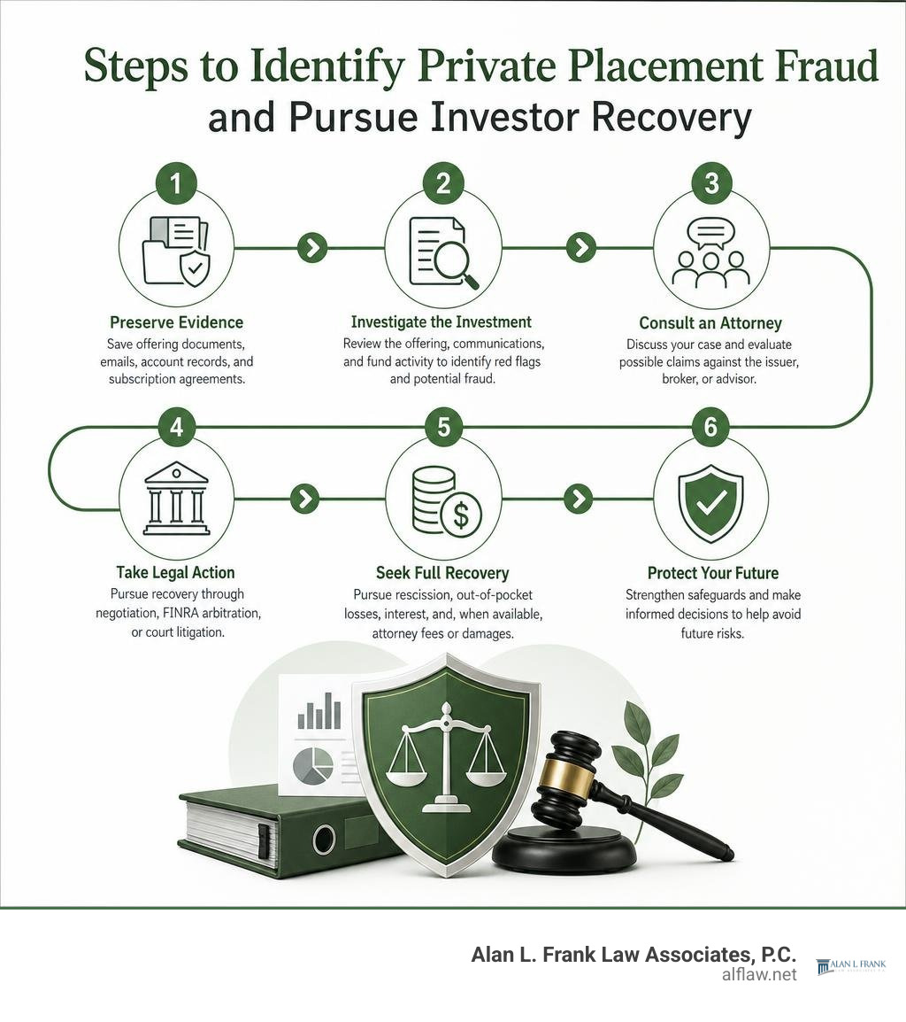 Steps to identify private placement fraud and pursue investor recovery infographic
