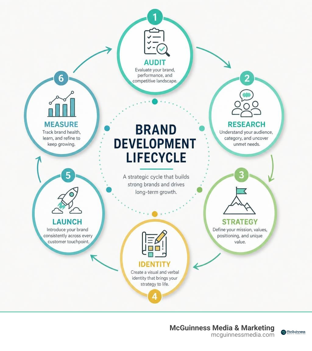 Brand development lifecycle: audit, research, strategy, identity, launch, measure infographic Brand development lifecycle: audit, research, strategy, identity, launch, measure infographic