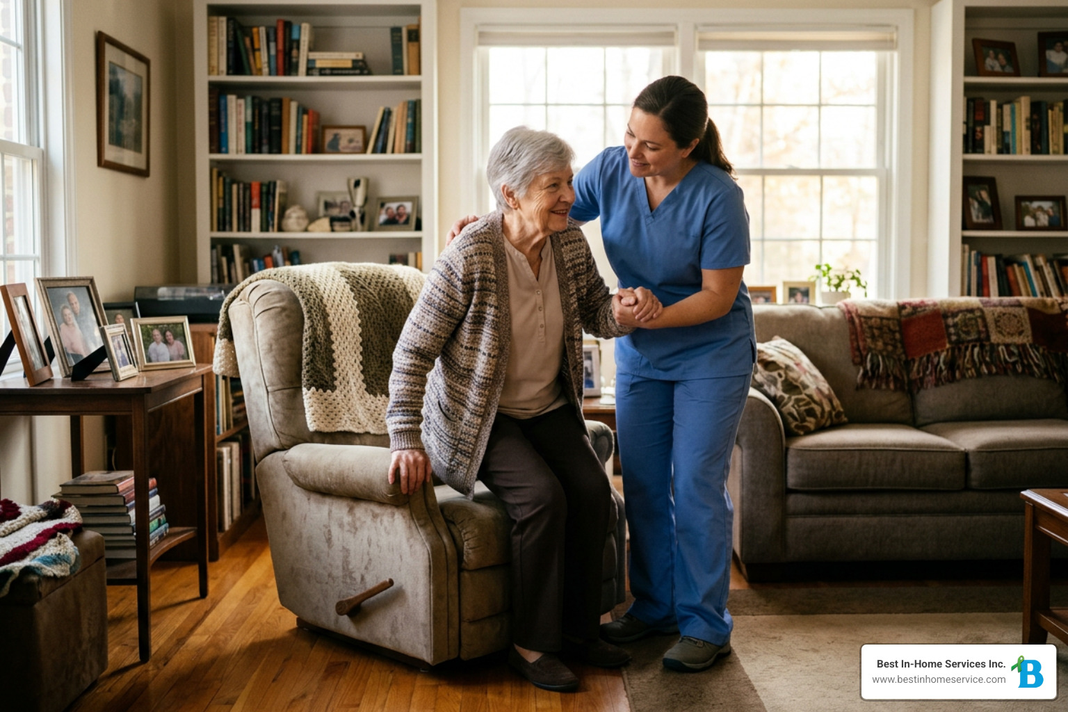 experienced memory care aide assisting an older adult