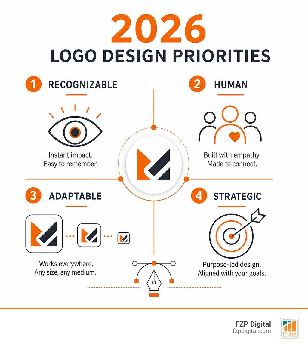 Infographic of 2026 logo design priorities: recognizable, human, adaptable, and strategic infographic Infographic of 2026 logo design priorities: recognizable, human, adaptable, and strategic infographic