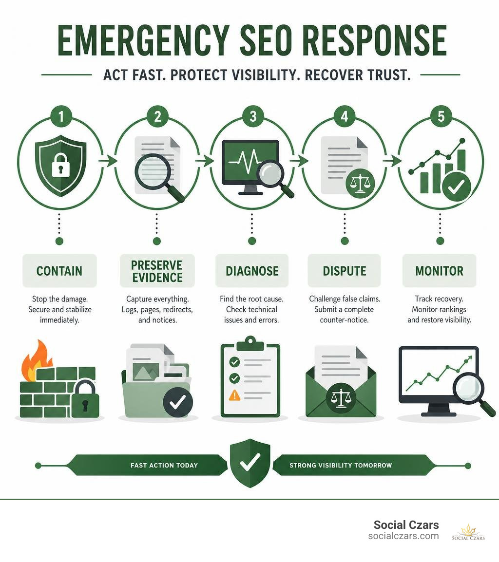 Infographic showing emergency SEO response: contain, preserve evidence, diagnose, dispute, monitor infographic