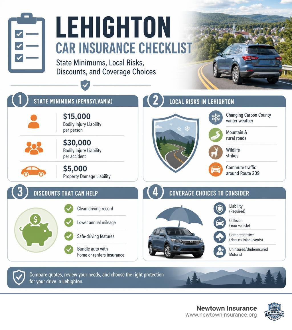 Lehighton car insurance checklist: state minimums, local risks, discounts, and coverage choices infographic Lehighton car insurance checklist: state minimums, local risks, discounts, and coverage choices infographic